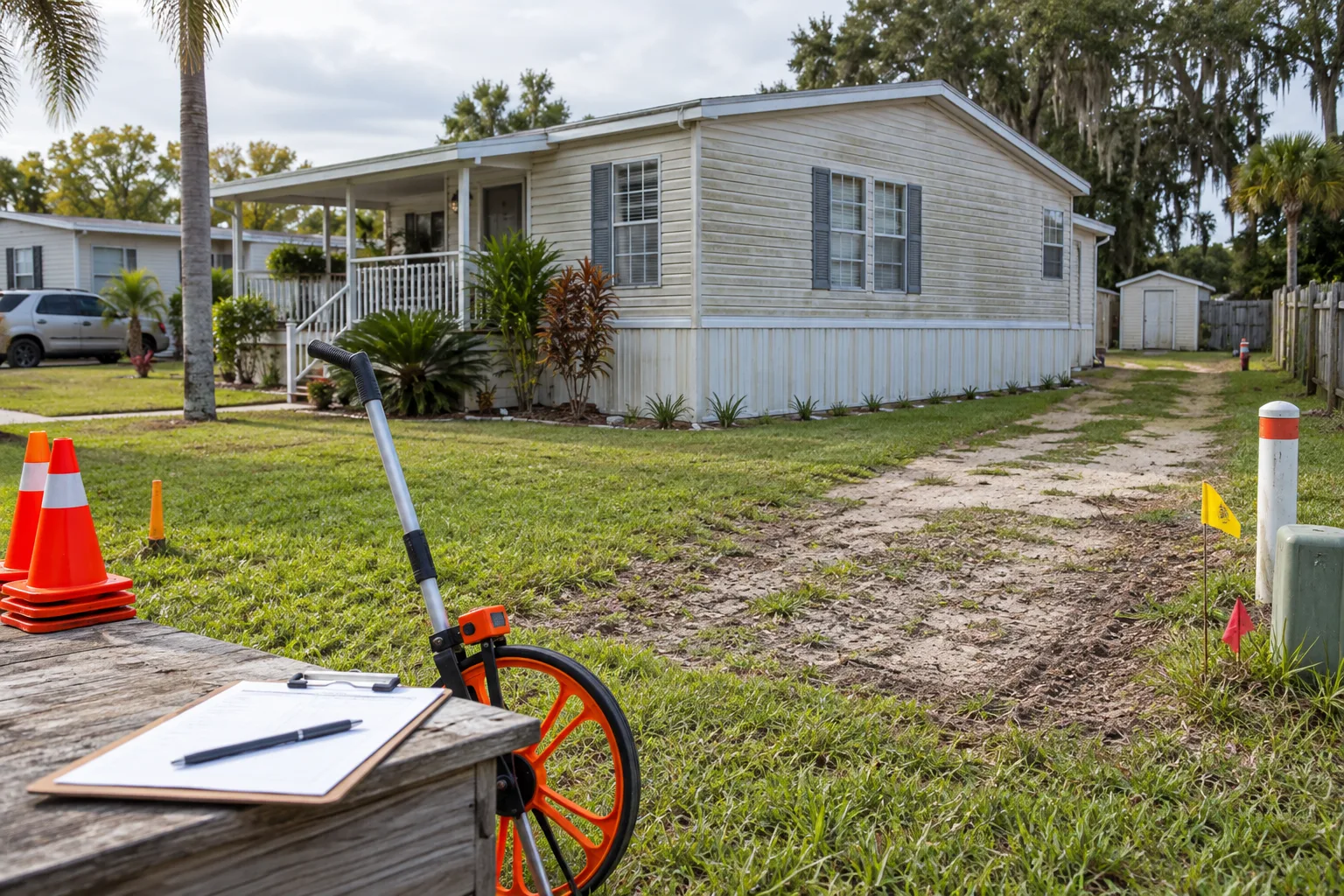 Measurement and access tools staged outside a manufactured home