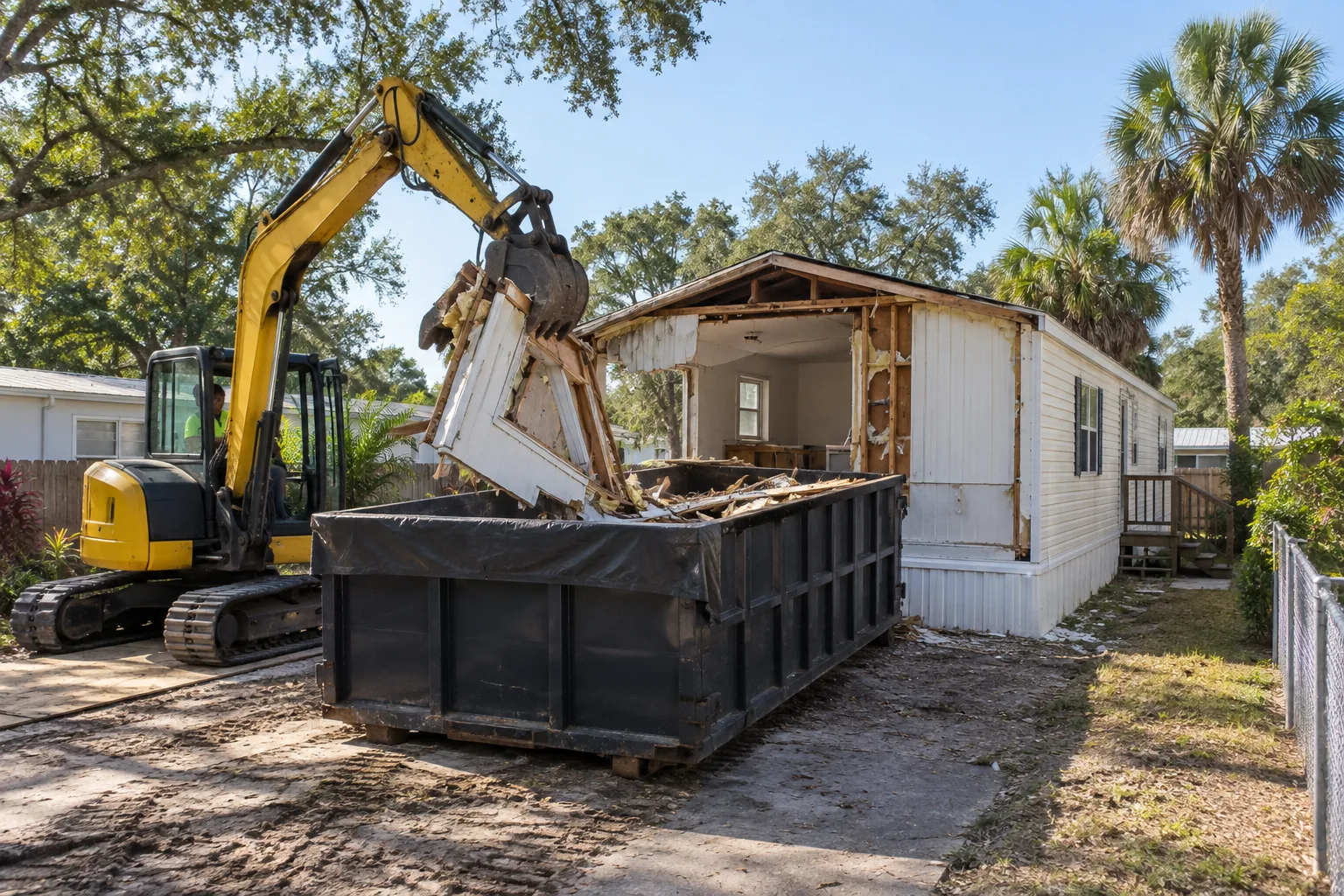 Compact excavator loading material during a single-wide home removal